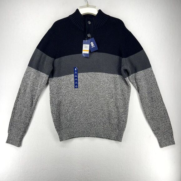 IZOD 7GG Stripe Button Mock Neck Sweater Black Color Mens Size S NEW - Picture 1 of 10